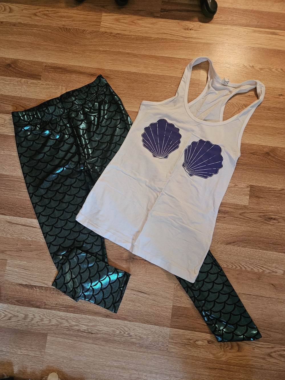 White Shell Graphic Tank with Green Shimmery Mermaid Leggings